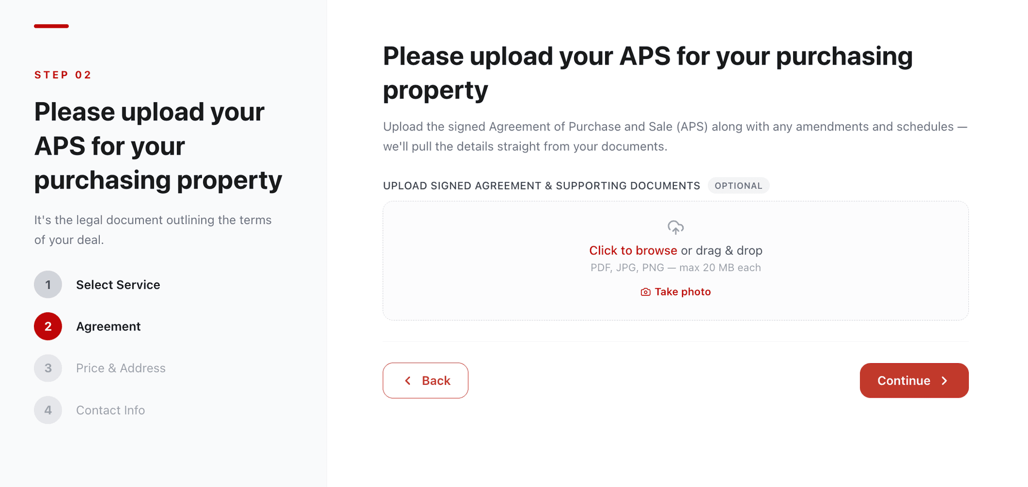 Uploading the Agreement of Purchase and Sale and supporting documents