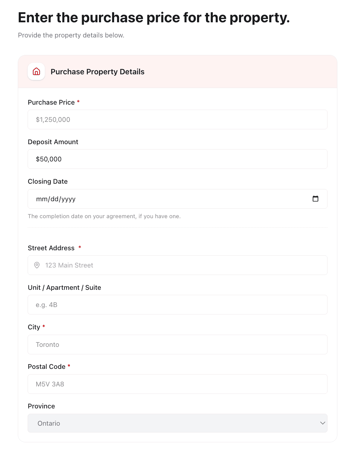 Purchase price, deposit, closing date and property address